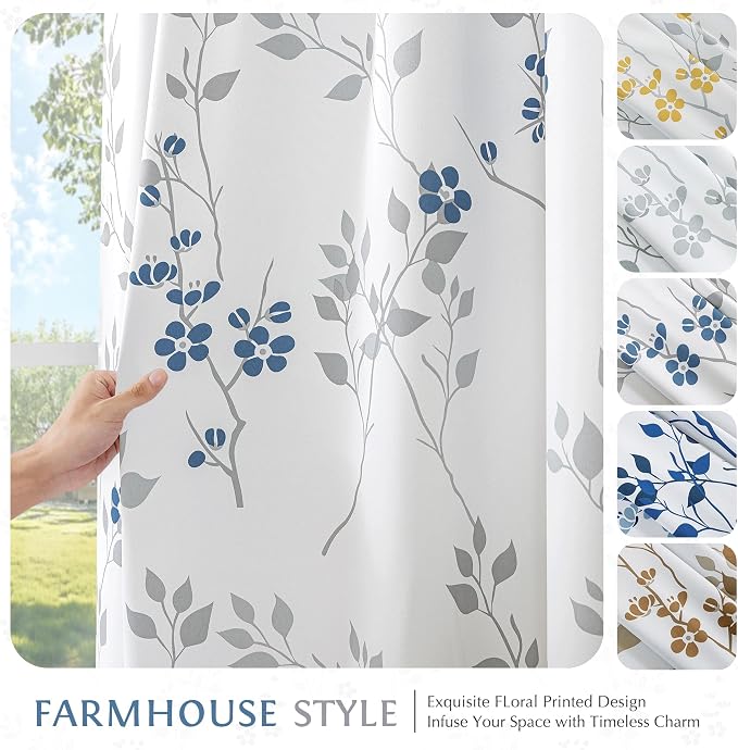 Beauoop Floral 100% Blackout Curtains for Bedroom Blue Grey 52X108 2 Panels | Flower Patterned Blue White Room Darkening Drapes for Living Room Thermal Insulated Soundproof Window treatment Grommet