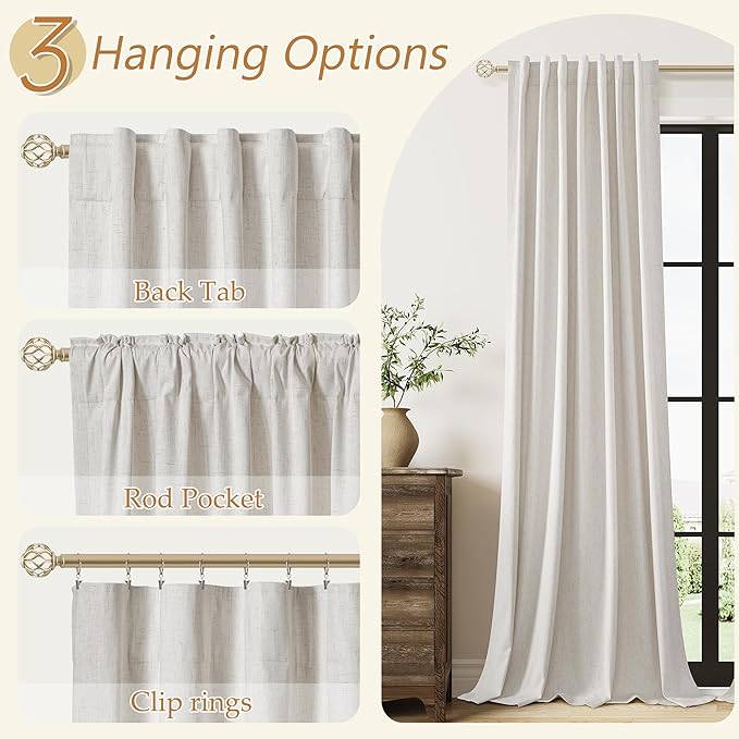 Guken Light Beige Linen 100% Blackout Curtains 96 Inches Long Floor to Ceiling Drapes for Bedroom, Rustic Farmhouse Room Darkening Winter Thermal Insulated Black Out Sliding Door Curtain, 52x96