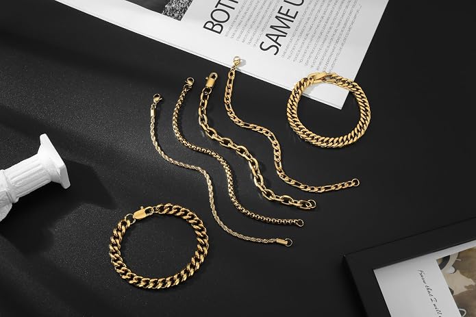 XIANNVXI 6pcs Bracelets for Men Gifts for Him Stainless Steel Bracelet Silver/Gold/Black Cuban Link Rope Paperclip Chain Bracelets Set 6.5/7/7.5/8.3/9 Inches Metal Bracelet Mens Fashion Accessories Jewelry Gifts Set