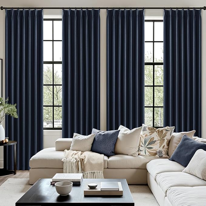 MIULEE Navy Blue Pinch Pleated 100% Blackout Linen Curtains for Bedroom, Room Darkening Memory Trained Light Blocking Window Curtains 84 inches Long for Living Room, Black Out Pleat Drapes, 2 Panels