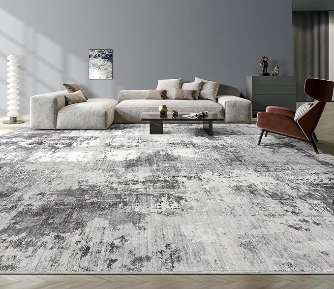 Abstract 12x14 Area Rug: Machine Washable Non Slip Ultra Thin Low-Pile Carpet, Soft Stain Resistant for Living Room Bedroom Office, Kid Pet Friendly, Robot Vacuum Compatible - Grey