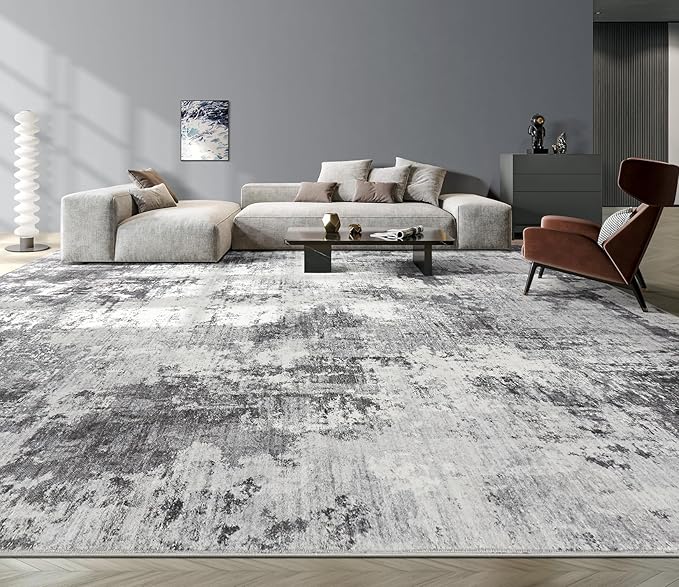 Abstract 12x18 Area Rug: Machine Washable Non Slip Ultra Thin Low-Pile Carpet, Soft Stain Resistant for Living Room Bedroom Office, Kid Pet Friendly, Robot Vacuum Compatible - Grey