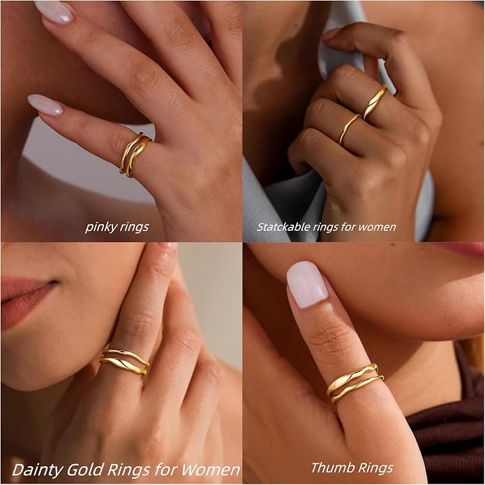 Gold Rings for Women Men Non Tarnish, Waterproof Chunky 14K Gold Plated Dainty Stackable Rings Trendy Statement Pinky Thumb Rings Engagement Eternity Wedding Band Ring Stacking Gold Jewelry Size 3 4 5 6 7 8 9 10 11