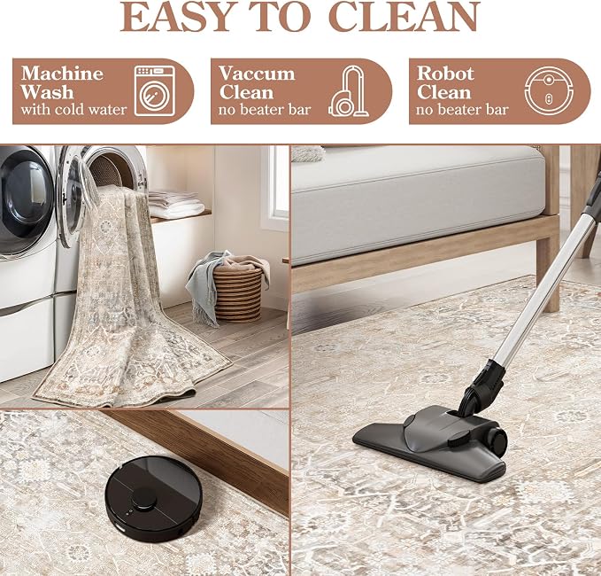 Collive Area Rug for Living Room 5x7, Machine Washable Neutral Farmhouse Rugs for Bedroom, Soft Non-Slip Low Pile Indoor Floor Accent Carpet for Office Entryway Nursery Dining Room - Beige
