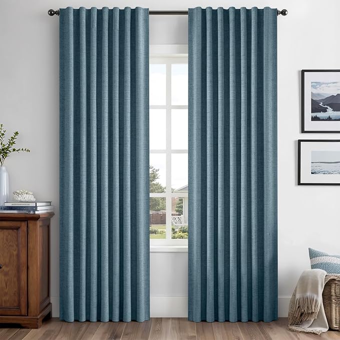 MIULEE 100% Blackout Linen Curtains 42 x 90 Inch Stone Blue 2 Panels | Thermal Insulated, Room Darkening Drapes for Bedroom Living Room, Back Tab Rod Pocket Pinch Pleated, Solid Luxury Decor