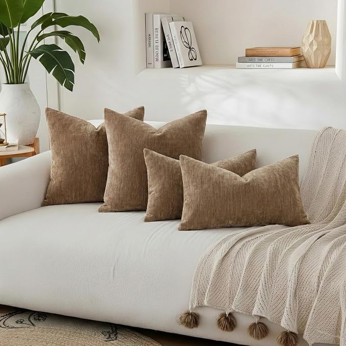 decorUhome Soft Chenille Brown Throw Pillow Covers 18X18 Set of 2 | Decorative Fall Couch Pillow Covers Solid Dyed Accent Modern Farmhouse Neutral Square Pillow Cases for Sofa