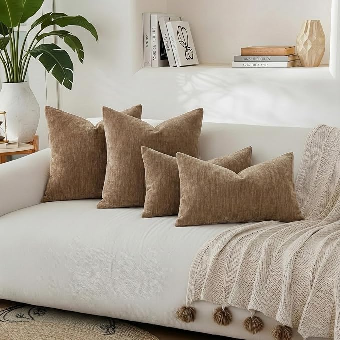 decorUhome Soft Chenille Brown Throw Pillow Covers 26X26 Set of 2 | Decorative Fall Couch Pillow Covers Solid Dyed Accent Modern Euro Sham Farmhouse Neutral Square Pillow Cases for Sofa
