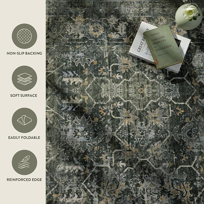 Lahome Margot Boho Green 8x10 Area Rugs Living Room Rugs,Washable Bedroom Rug 8x10 Under Bed,Distressed Soft Non Slip Low Pile Indoor Dining Room Rug for Home Office Playroom(8'x10',Green)