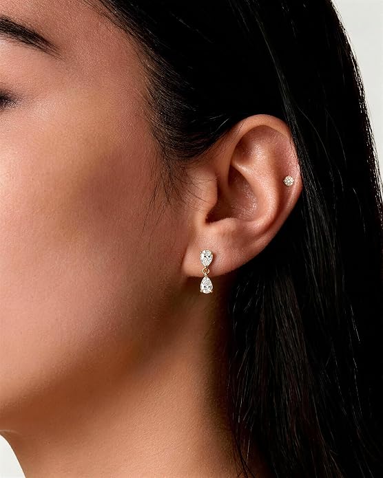 ASHINE 14K Gold Plated Dangle Flat Back Earrings | Sterling Silver Posts Dainty Double Stone Multi-Shape Earring | Tragus Cartilage Piercing Jewelry for Women