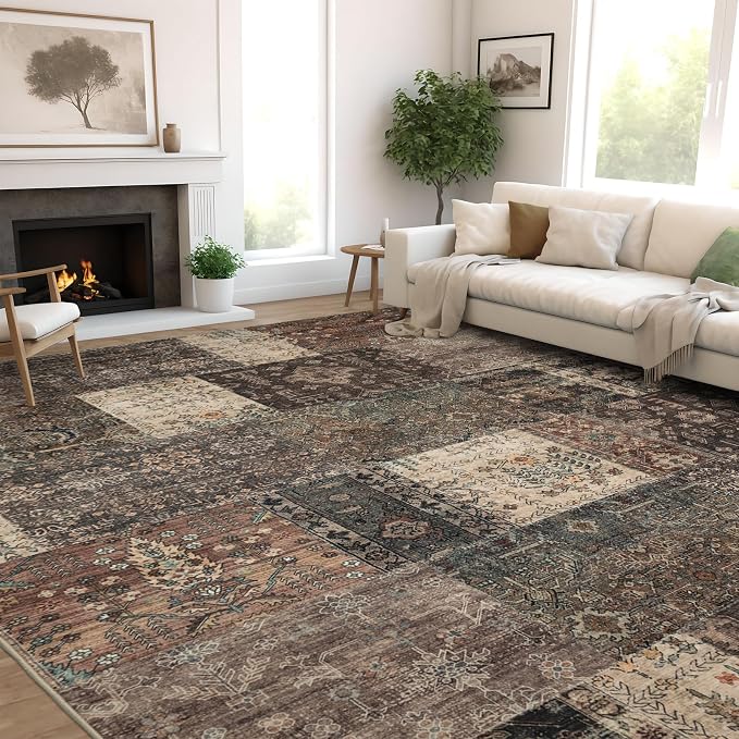 Vintage Washable Area Rug for Living Room,Low Pile 8x10 Non Slip Carpet Non-Shedding Area Rug Soft Indoor Stain Resistant Rug Floral Print Mat for Bedroom Dining Room 084-Brown