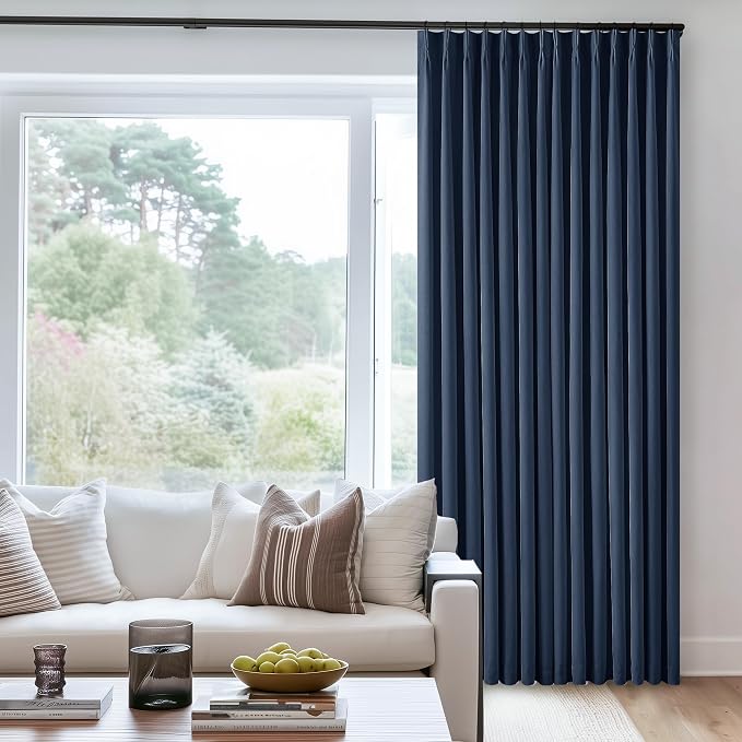 Navy Pinch Pleated 100% Blackout Linen Curtains for Bedroom 84 Inch Length | Room Darkening with Liner, Memory Shape Pleat with Back Tab, Thermal Insulated, Dark Blue, for Living Dining Room Window
