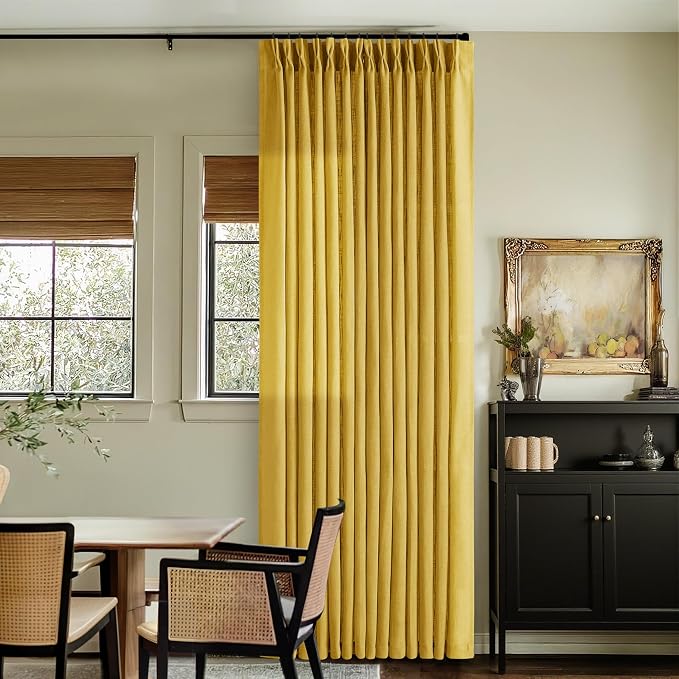 Mustard Yellow Pleated Semi Sheer Linen Curtains 108 Inches Long 2 Panel | for Living Room Bedroom Ceiling Floor, Light Filtering, Gold Yellow, 400GSM Linen Fabric, Pinch Pleat Memory Shape Trained