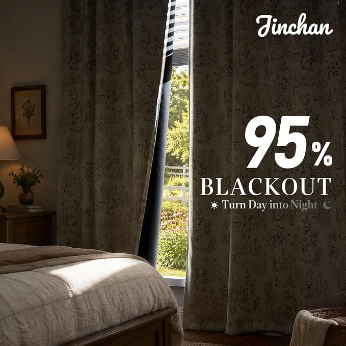 jinchan Taupe Blackout Curtains 84 Inch Whimsical Back Tab 2 Panels | Room darkening,nursery kids bedroom,privacy,whimsical,cottagecore,bunny pattern,botanical,nature-inspired decor