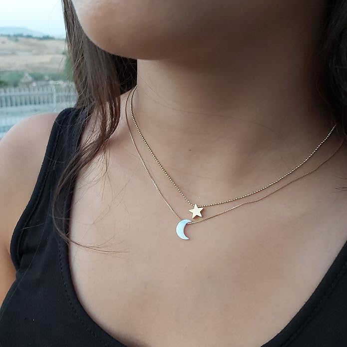 AVNIS White Opal Moon Necklace Crescent Moon Choker Jewelry, Dainty Box chain Length 16+2 Inches extender Gift for Girl Women