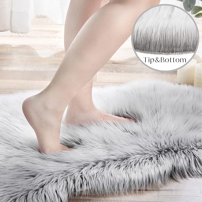 Ashler Faux Fur Rug, Fluffy Shaggy Ultra Soft 2 x 3 Feet Sheepskin Fur Rug, Frosted Bottom Gray Fuzzy Machine Washable Shag, Nursery Decor Throw Rugs for Bedroom, Living Room