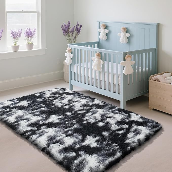 Fluffy Rug Shag Area Rug, Mottling Black 3x5 Area Rugs for Bedroom, Small Bedside Rug, Soft Fluffy Shag Entryway Throw Rugs for Living Room Bedroom Room Home Decor