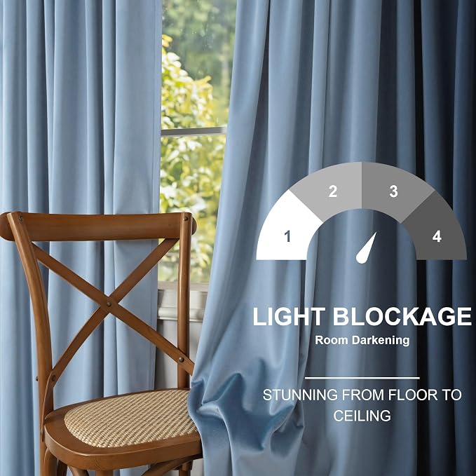 Dusty Blue Velvet Drapes for Baby Boy Bedroom 96 Inches Long 2 Panel Thermal Insulated Light Blocking Floor Length Slate Stone Blue Velvet Curtains for Modern Home Decor Back Tab Pocket Greyish Blue