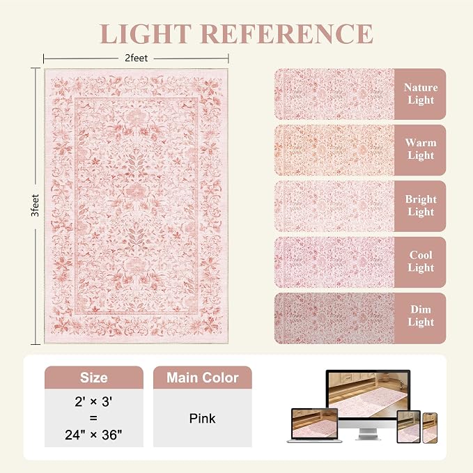 DUKINO 2x3 Entryway Rug, Washable Vintage Floral Area Rug, Pink | Non Slip, Low Pile, Non-Shedding, Soft Indoor Door Mat, Small Front Door Throw Carpet for Bathroom Kitchen Entrance Bedroom