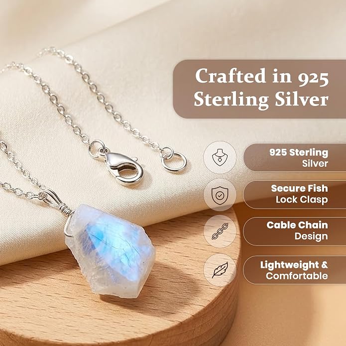 Raw Birthstone Crystal Necklace for Women, Hypoallergenic 925 Sterling Silver Pendant, Adjustable 16+2" Silver Chain, Light Natural Gemstone Jewelry for Everyday Wear & Gift for her & him