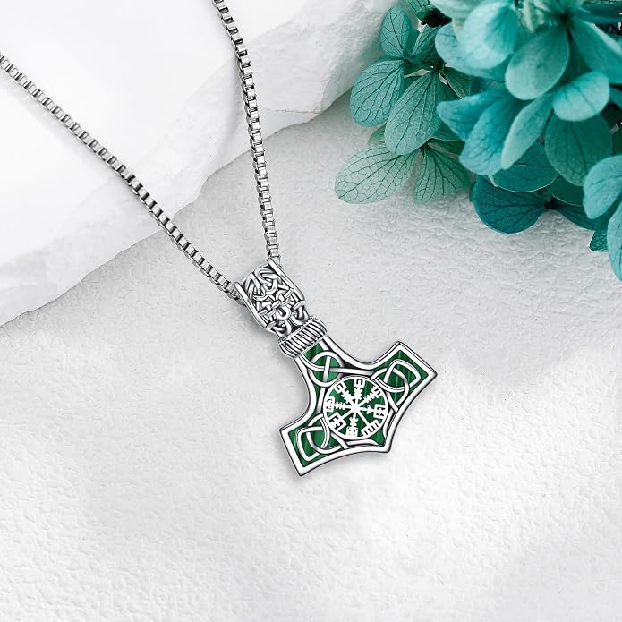 Compass Thor Hammer Necklace Sterling Silver Viking Compass Mjolnir Jewelry Gift for Men