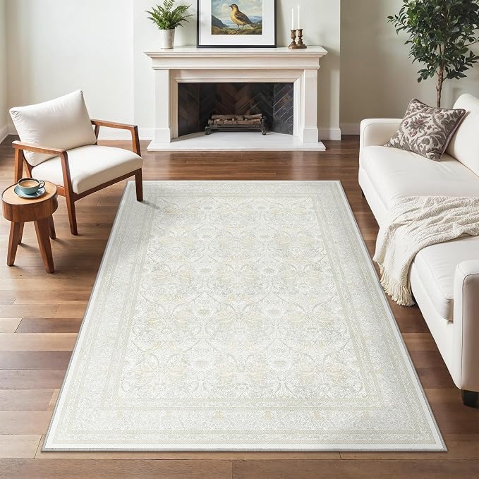 Bavni Vintage Floral Rugs 6X9, Washable Area Rug with Non Slip Backing, Low Pile for Living Room, Bedroom & Home Decor, Lightweight Carpet, Beige Cream