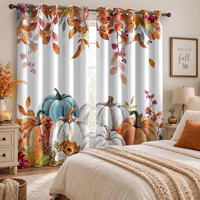 Pumpkin Window Curtains 52 x 63 Inches, Watercolor Fall Leaves Drapes with Blue White Orange Pumpkins, Autumn Farmhouse Curtains for Bedroom Living Room