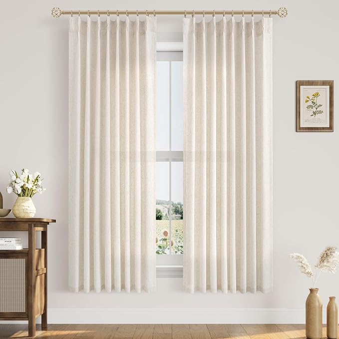 Aersas Natural Pinch Pleat Linen Curtains 72 Inch Length 2 Panels Set for Bedroom Dining Room Semi Sheer Linen Boho Farmhouse Neutral Window Curtains 72 Inches Long for Living Room Nursery 50x72