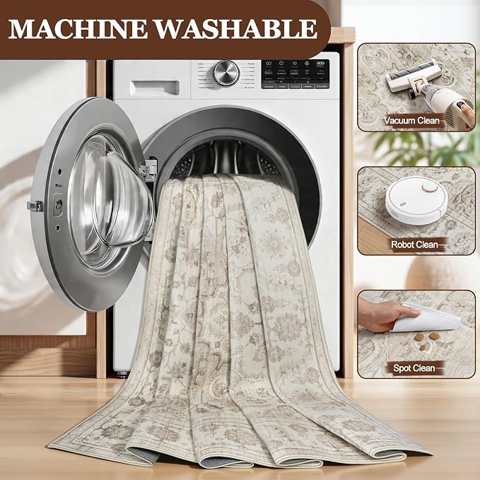 5x7 Area Rugs for Living Room:Beige Washable Vintage Medallion Carpet Non-Slip Soft Low Pile Large Rugs Indoor Retro Rug for Bedroom Nursery Dining Table Office Home(Beige White 5'x7')