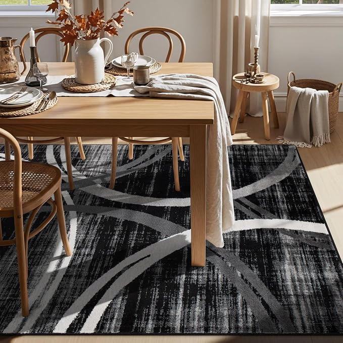 Rugshop Wavy Circles Modern Jute Backing Area Rug Black 7'10" x 10'2"