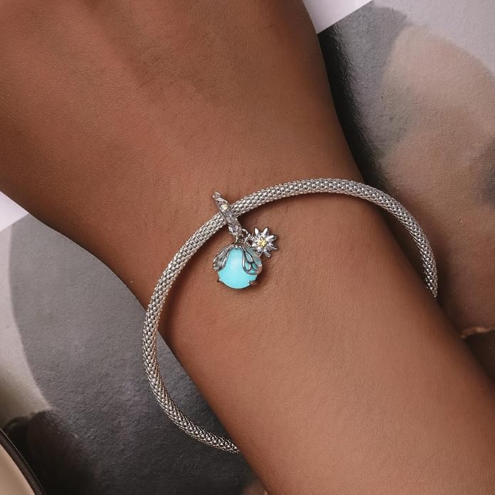 NINGAN 925 Sterling Silver Charm Golden Love Charm Buckle Safety Chain Travel Bead Firefly Dragonfly Pendant, Suitable for Women Bracelet and Necklace as Gift from Mom and Friends