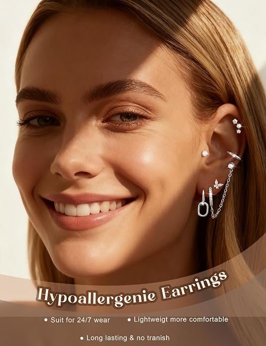 Small 14K Gold Plated Huggie Hoop Earrings for Women Lightweight Double Piercing Chain Earrings Dainty Stud Earrings Hypoallergenic 14K Gold Plated Hoop Earrings Set