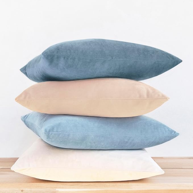 MONDAY MOOSE Decorative Throw Pillow Covers Cushion Cases, Set of 4 Soft Velvet Modern Designs, Mix and Match for Home Decor, Pillow Inserts Not Included (20x20 inch, Beige/Light Blue)