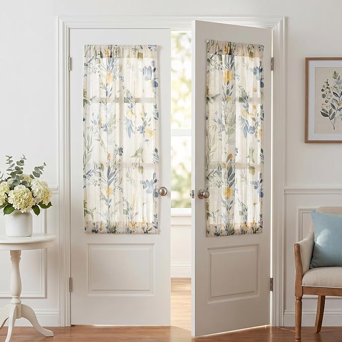 MYSKY HOME Floral Linen Door Curtains Blue Farmhouse Privacy Door Window Curtains Semi Sheer Doorway Light Filtering Rod Pocket Curtain Patio Glass Door, 26 x 40 inches Long, 2 Panels