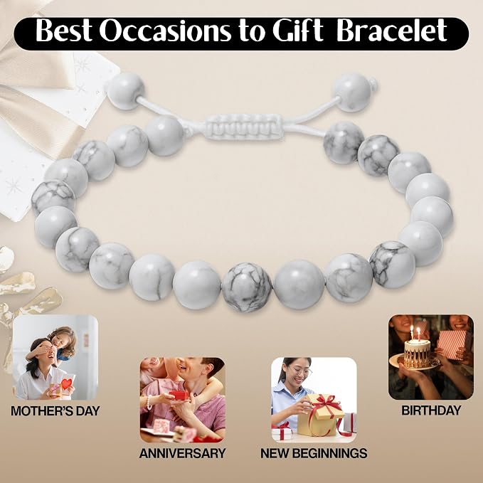 Amazing Gemstone Howlite Bracelet, Gifts for Men & Women - Protection Healing Crystal Bracelet - 8mm Gemstone Beaded Adjustable Bracelet, Pulseras para Hombres Mujer Stocking Stuffers