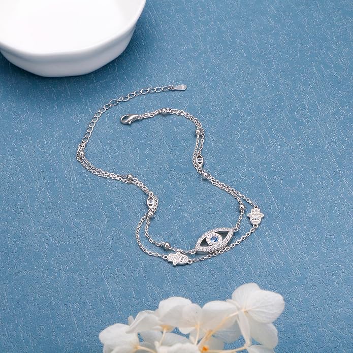 Ladytree S925 Sterling Silver Boho Beach Double Layer Anklets Bracelet for Women Adjustable 9 to 11 inches