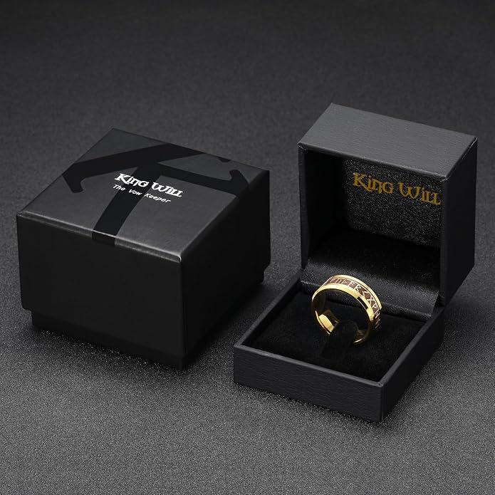 King Will Tungsten Carbide Wedding Band for Men - 8mm Black/Silver/Gold Plated with Norse Viking Rune & Hawaii Koa Wood Inlay Mens Ring, Polished Beveled Edge for Daily Wear, Comfort Fit Size 7-14