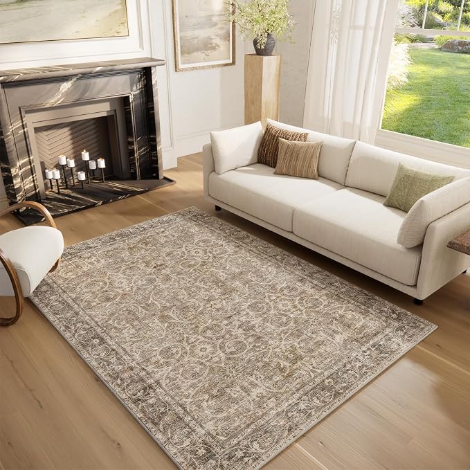 Washable Rugs for Living Room: 5x7 Area Rugs for Bedroom Ultra Soft Non-Slip Stain Resistant Vintage Boho Large Carpet for High-Traffic Dining Room - Farmhouse Decor