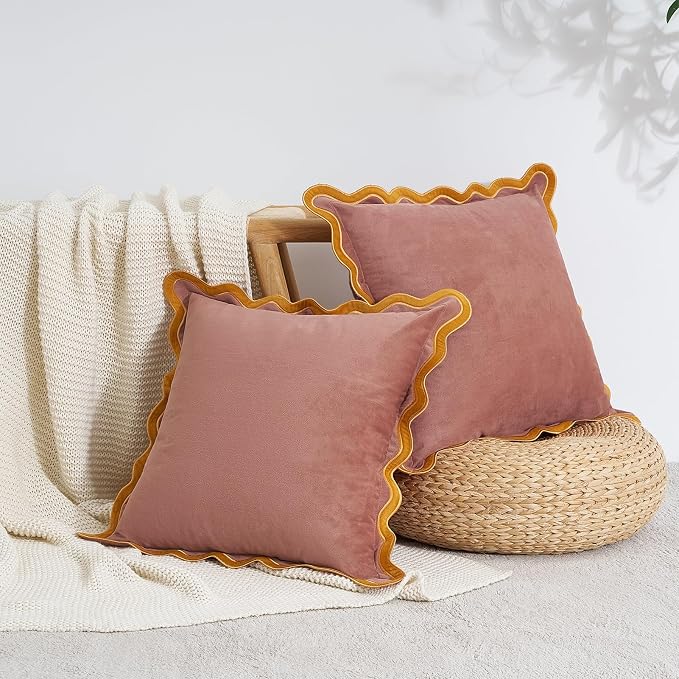 MONDAY MOOSE Decorative Throw Pillow Covers Cushion Cases, Set of 2 Soft Velvet Scalloped Wavy Edge Designs, Mix and Match for Home Decor, Pillow Inserts Not Included (22x22 inch, Pink/Honey)
