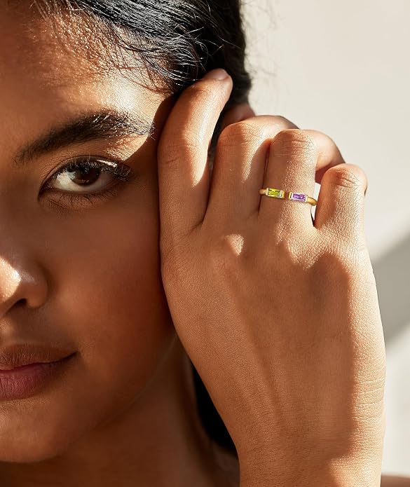 WFYOU Gold Birthstone Rings for Women - Non Tarnish Dainty 14K Gold Plated Stackable CZ Rings for Her & Couples - Personalized Jewelry Gift for Birthday