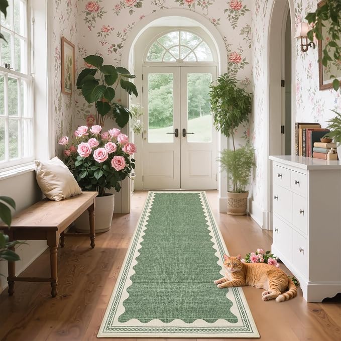 GarveeHome Scalloped Sage Green 2.5x10 Runner Rug for Hallway Washable Kitchen Rugs Non Slip Solid Modern Minimalism Soft Low-Pile Indoor Carpet for Entryway Laundry Room Floor Mats