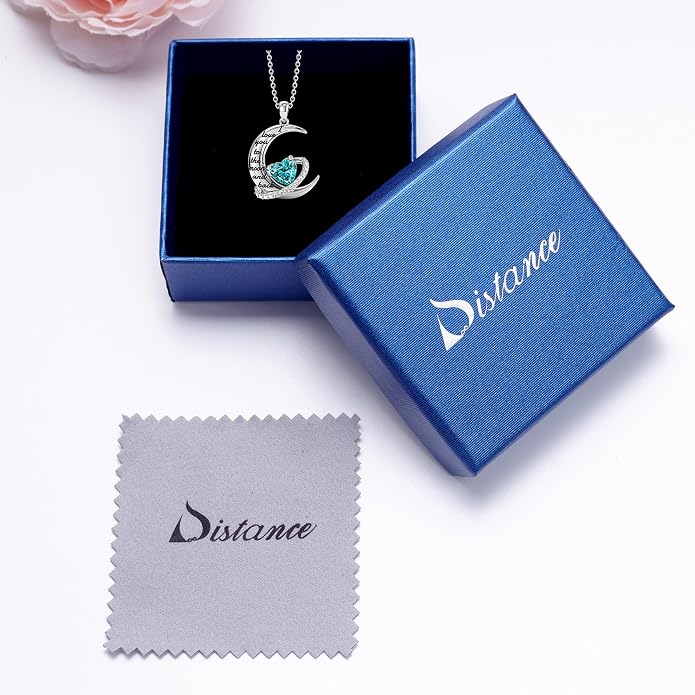 Distance I Love You to The Moon and Back Necklace for Women, S925 Sterling Silver Forever Love Heart Birthstone Necklace, Anniversary Birthday Jewelry for Wife Lover