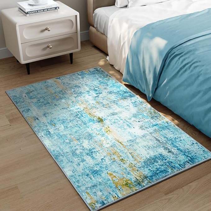 Entrance Rugs Indoor 2x3 Teal Blue Entry Rug Washable Abstract Small Area Rug Non-Slip Low Pile Throw Rugs for Entryway, Kitchen Floor, Front Door Indoor Door Mat, Bathroom, Bedroom Bedside
