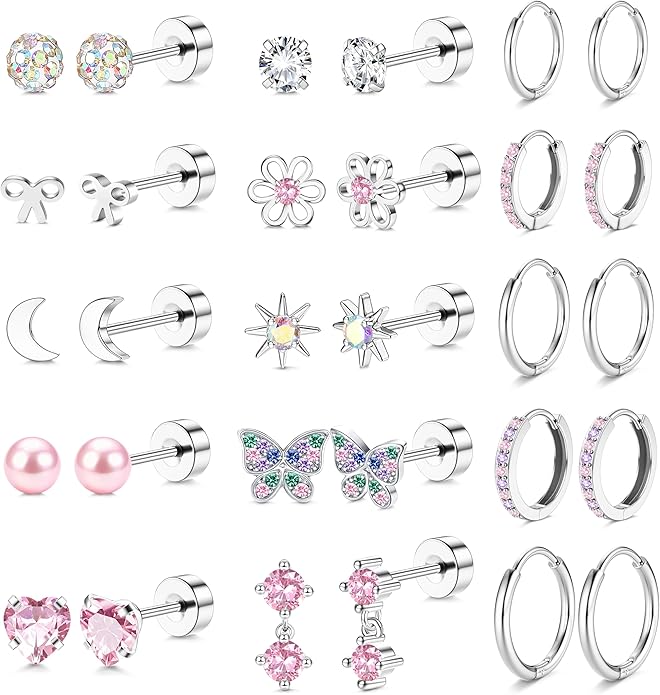 LOLIAS 14K Gold Plated Flat Back Earrings - Hypoallergenic Surgical Stainless Steel Stud Hoop Earrings for Women Girls Cute Stud Earring Set Small Huggie Hoops Cartilage Earring Stacks