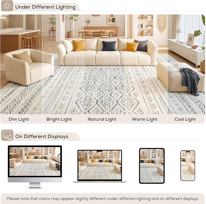 Nakagishi Area Rug Living Room Rugs: 10x14 Large Soft Machine Washable Boho Moroccan FarmNeutral Stain Resistant Indoor Floor Carpet for Bedroom Under Dining Table Home Office Decor-Grey