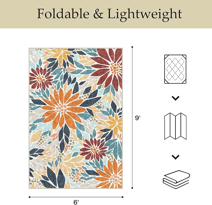 GENIMO 6x9 Outdoor Rug, Washable for Patio and Deck, Rust Blue | Floral design for dining area; fade resistant chenille with quick-dry non-slip backing for indoor sunroom