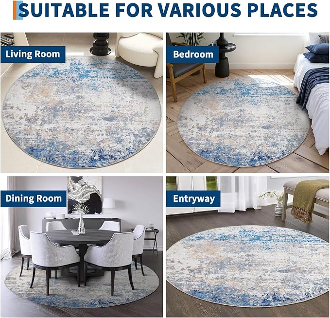 ROYHOME Modern Abstract 8x8 Round Area Rug Non Slip Non Shedding Rug Low Pile Stain Resistant for Bedroom Living Room Office Dining Room,Blue/Grey