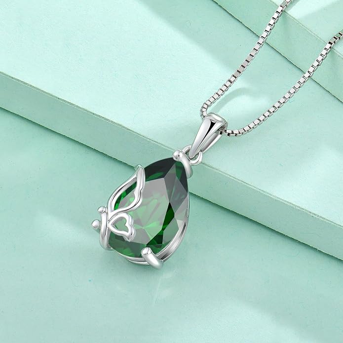 Teardrop Necklace 925 Sterling Silver Butterfly Pendant Necklace Birthstone Jewelry for Women