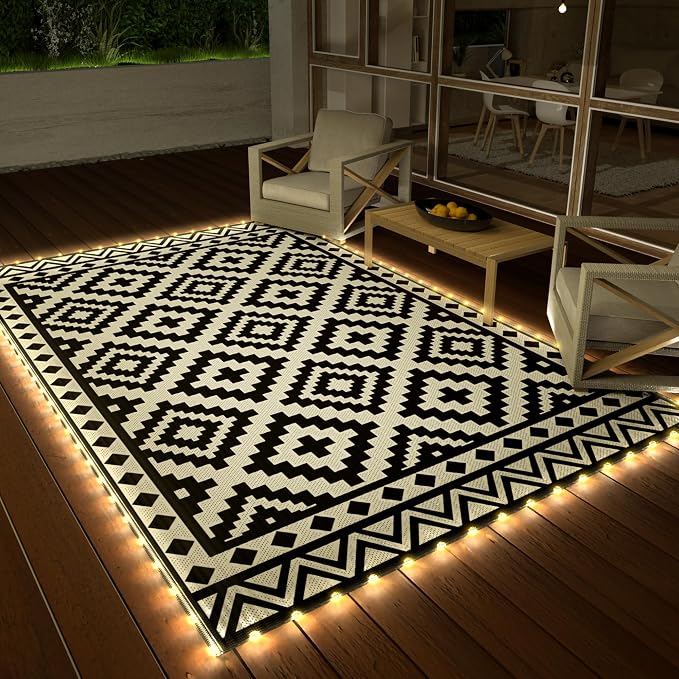 HAUSHOF 5' x 8' Outdoor Rug with LED Strip Light, Waterproof Patio Mat | Waterproof Surface, Easy-Clean Design, Reversible Double-Sided Use, RV Camping Beach Porch Balcony Use