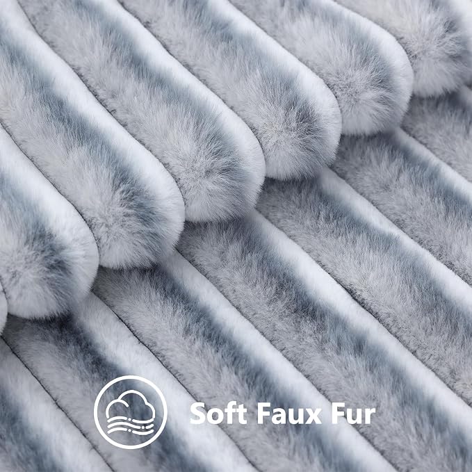 decorUhome Fall Faux Fur Throw Pillow Covers 22x22 Set of 2 Grey White | Decorative Soft Cozy Striped Plush Modern Farmhouse Boho Couch Pillow Cases Velvet Back for Sofa Bed Living Room Home Decor