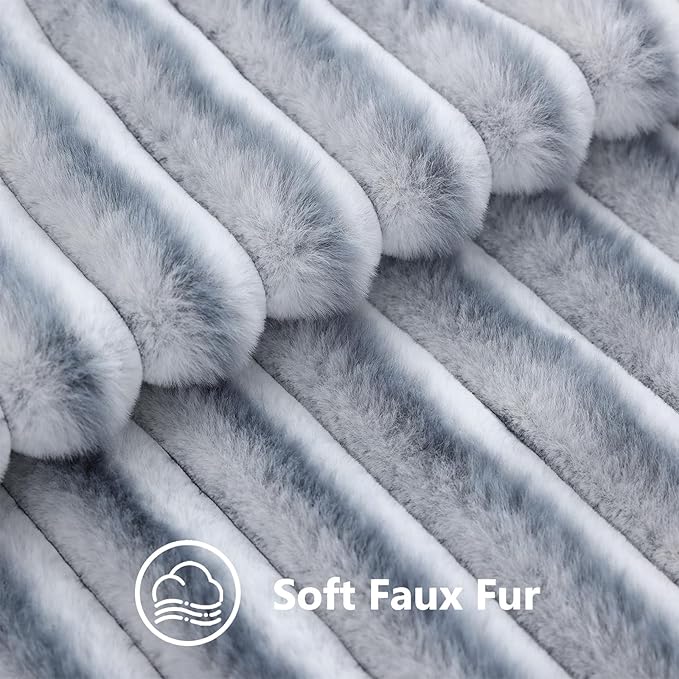 decorUhome Fall Faux Fur Throw Pillow Covers 24x24 Set of 2 Grey White | Decorative Soft Cozy Striped Plush Modern Farmhouse Boho Couch Pillow Cases Velvet Back for Sofa Bed Living Room Home Decor